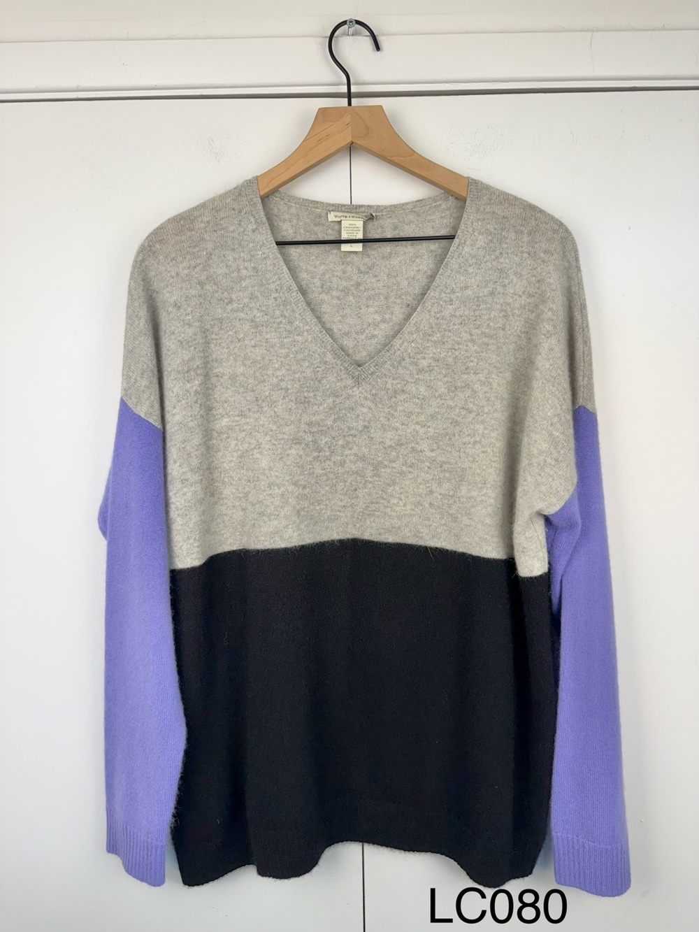 White + Warren 100% Cashmere Colorblock V-Neck Sweater L